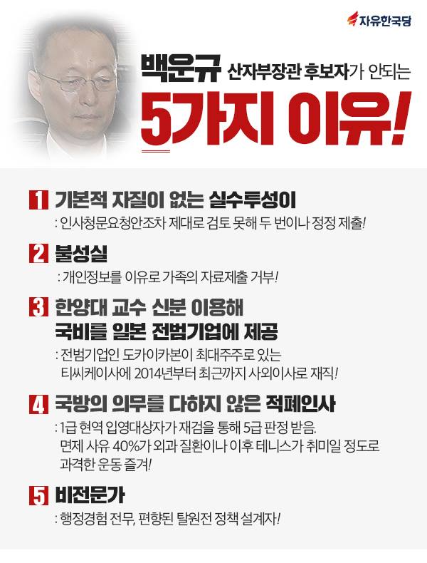 백운규 산자부장관 후보자가 안되는 5가지 이유